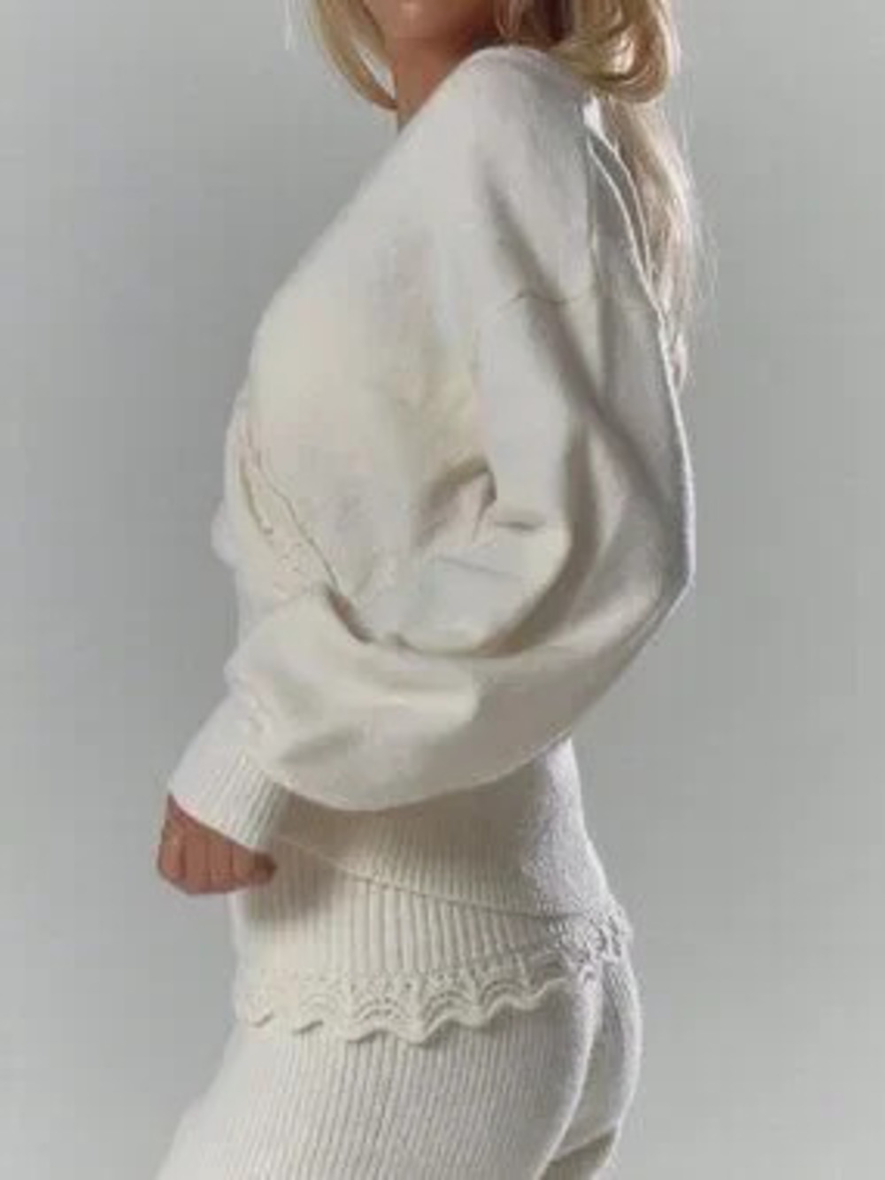 Cream Casual Women's Soft Rib Crochet Knit Crossover Cinched Long Sleeve Top